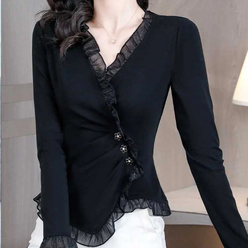 Elegant Button Folds Ruffles Asymmetrical Blouses Women's Clothing 2023 Autumn Winter Loose Korean Tops Princess Sleeve Shirts