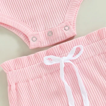 0-18M Toddler Girls 3Pcs Summer Clothes Fly Sleeve Solid Romper Tops Drawstring Short Pants Headband 6