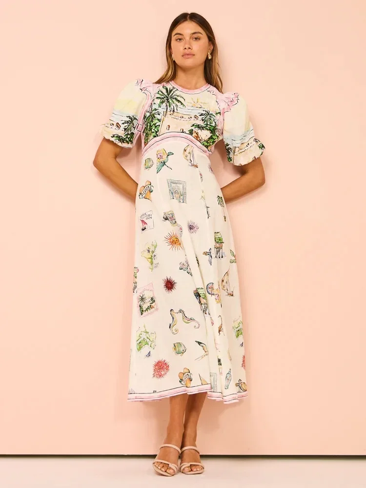 

Holiday Casual Print Empire Waist Long Dress 2024 NEW Summer Short Sleeve Comfortable Loose Vintage Robe Party Club Vestidos