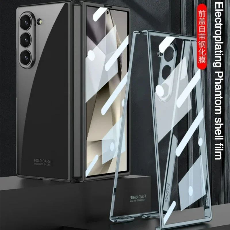 Ultra Thin Electroplating Transparent Case with Tempered Film and Shockproof Hard Back Cover