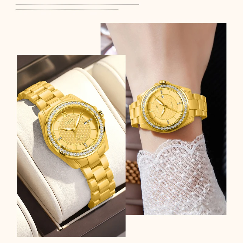 LIGE New Pink Watch Women Watches Top Brand Luxury Ceramic Watch Women Fashion Sport Waterproof Quartz Watch Female Montre Femme