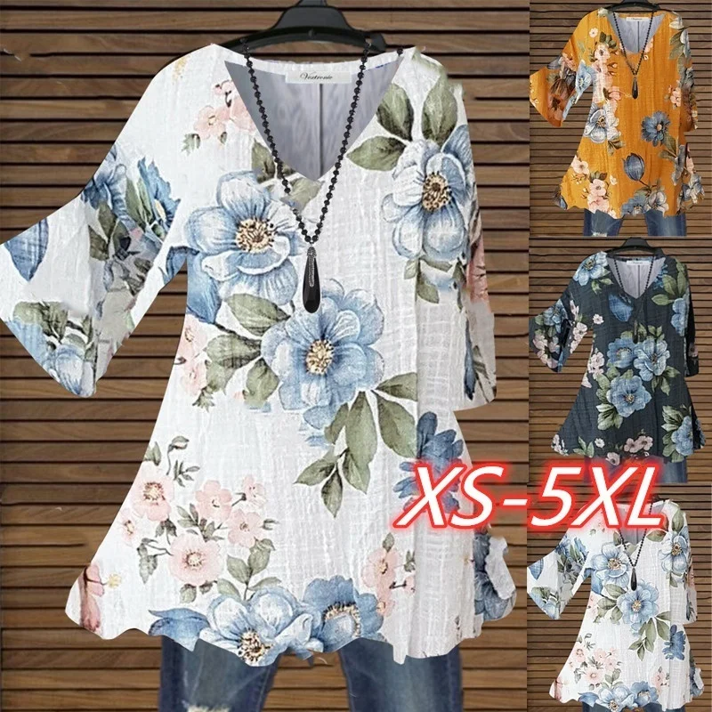 Women's Tops Causal Loose Floral Printed T Shirts Summer V-neck Tops