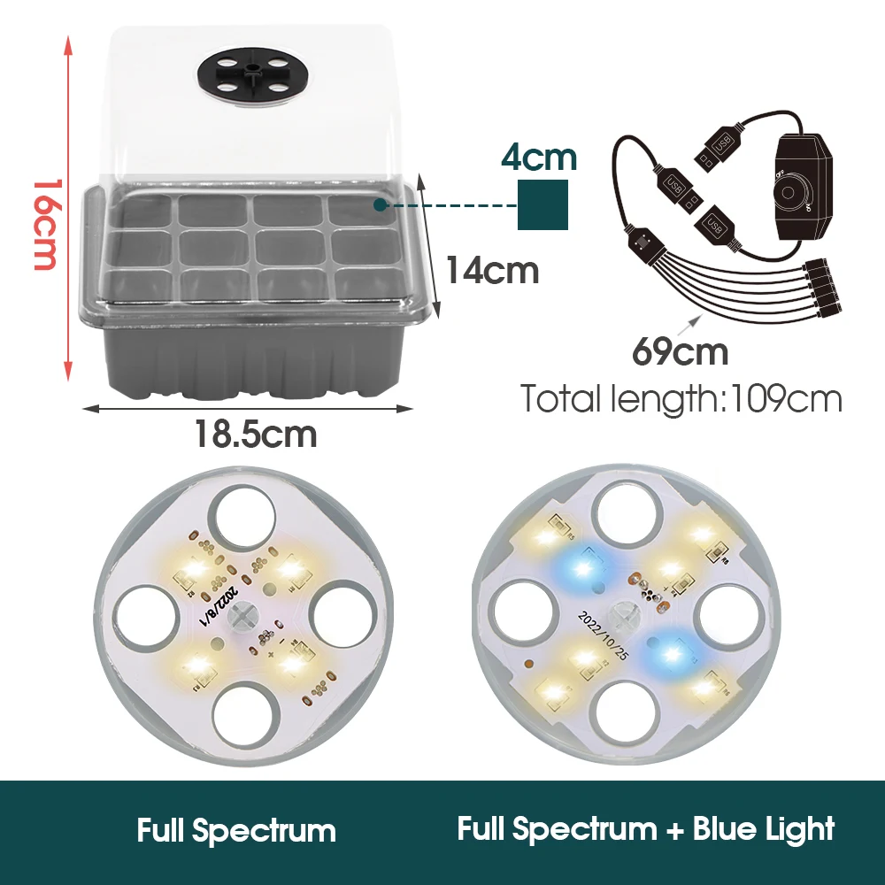 16CM 12 Cells Seedling Starter Trays Box 8-4 Beads LED Grow Lights Dimmable Brightness Black Propagation Germination Container