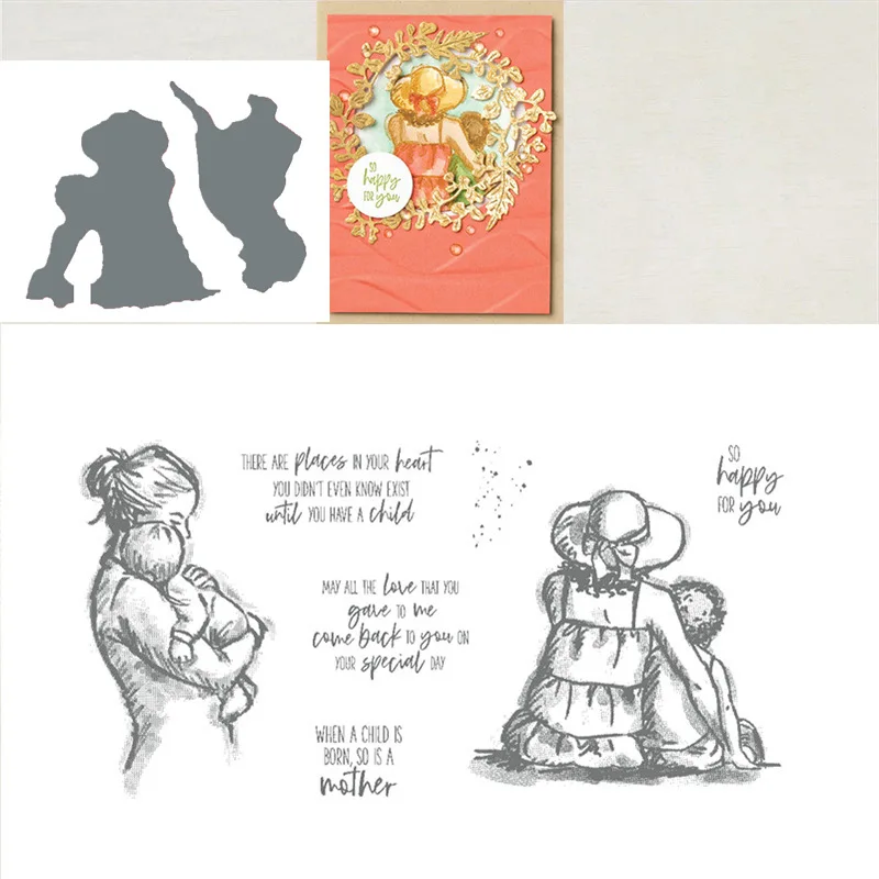 

Mother Child Metal Cutting Dies and Clear Stamps for DIY Scrapbooking Card Stencils Paper Crafts Making Photo Album Decor