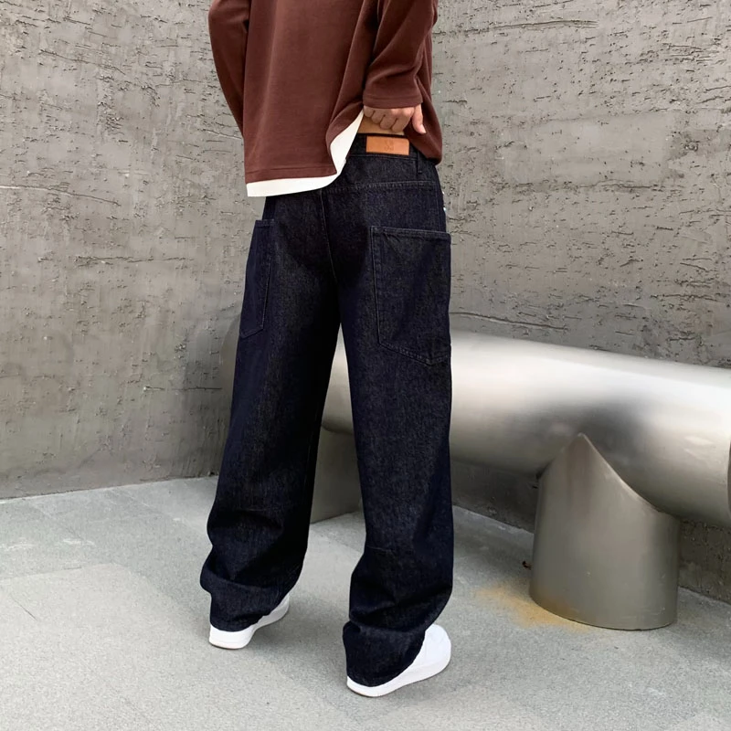 Durable Black Raw Jeans Men Plain Loosen Wide Leg Baggy Denim Bottoms Male's Classic Work Pants 4