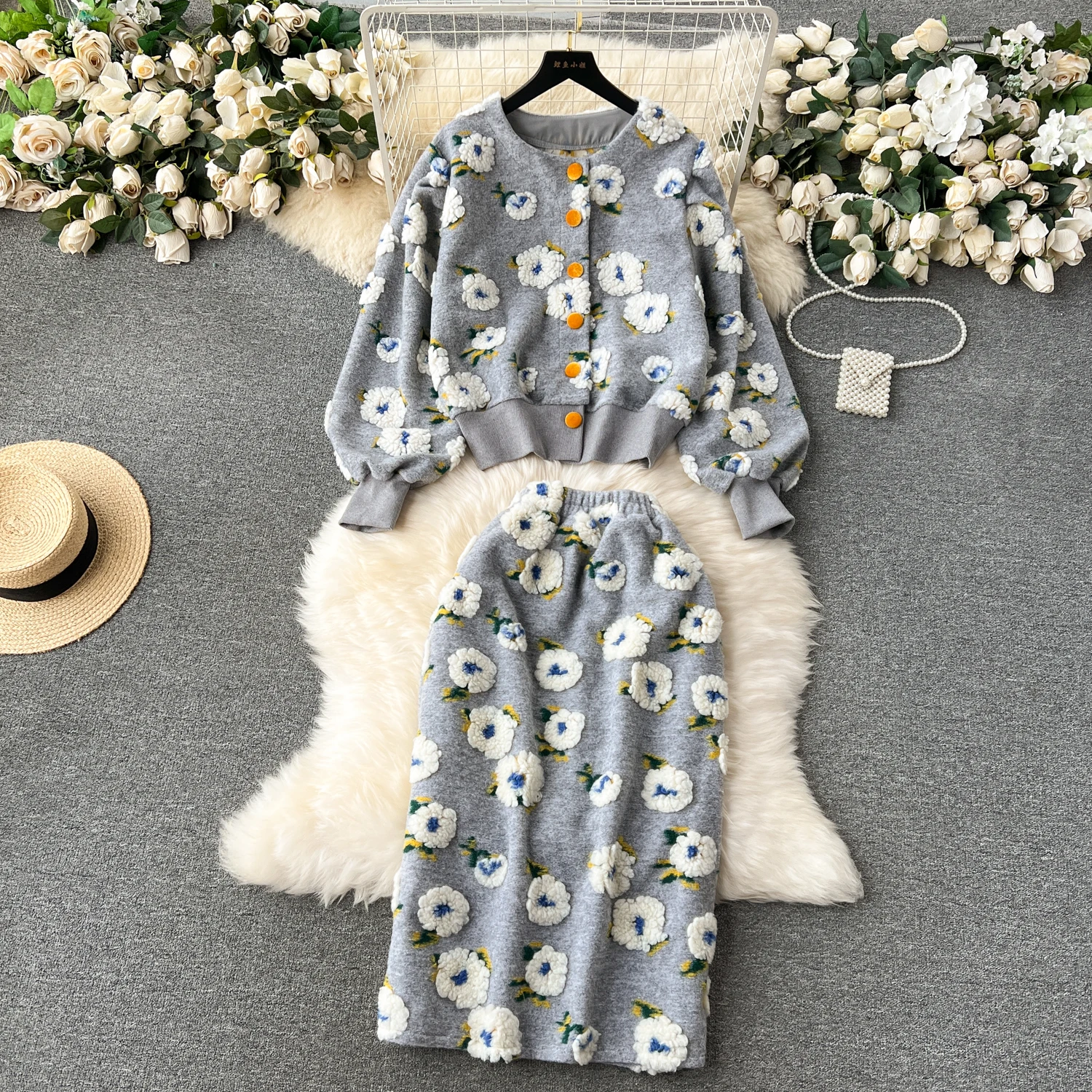 Textured Women Baseball Jackets Sets Soft Lamb Fleece Floral Appliques One Breasted Tops Coats+Split Hig Waist Skirts Suits