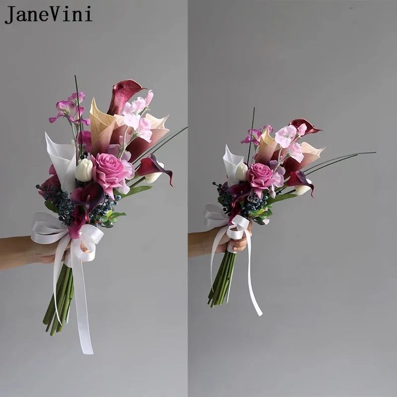 JaneVini White Calla Lily Bridal Flowers Bouquets Wedding Accessories Handmade Silk Bride Flower Bouquet