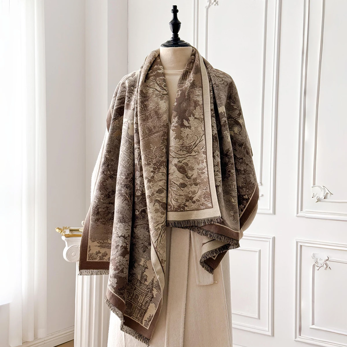 Elegant Retro Style Women's Double-Sided Landscape Print Cashmere Scarf Winter Warm Pashmina Shawl Foulard Poncho