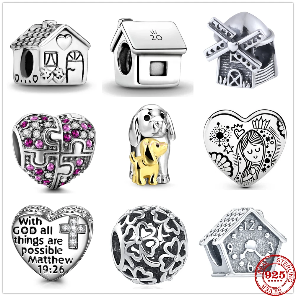 Fit Original Pandora Charms Bracciale 925 Sterling Silver Sweet House Puzzle Heart Windmill Ciondolo Charm Beads Gioielli Da Donna Fai Da Te