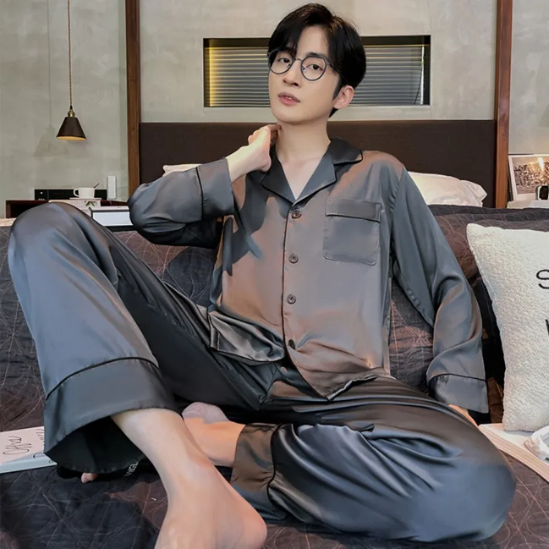 Ice Silk Sleepwear Men Long Sleeve Spring Autumn Pajamas Setds Silk Nightwear Homewear Sets Luxury Brand Clothing Korean Fashion
