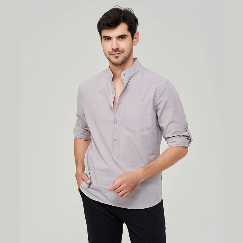 New Cotton Linen Shirts for Men's Long-Sleeved Hawaiian Shirt Loose Tops Solid Color Stand-Up Collar Casual Handsome Men Blouse