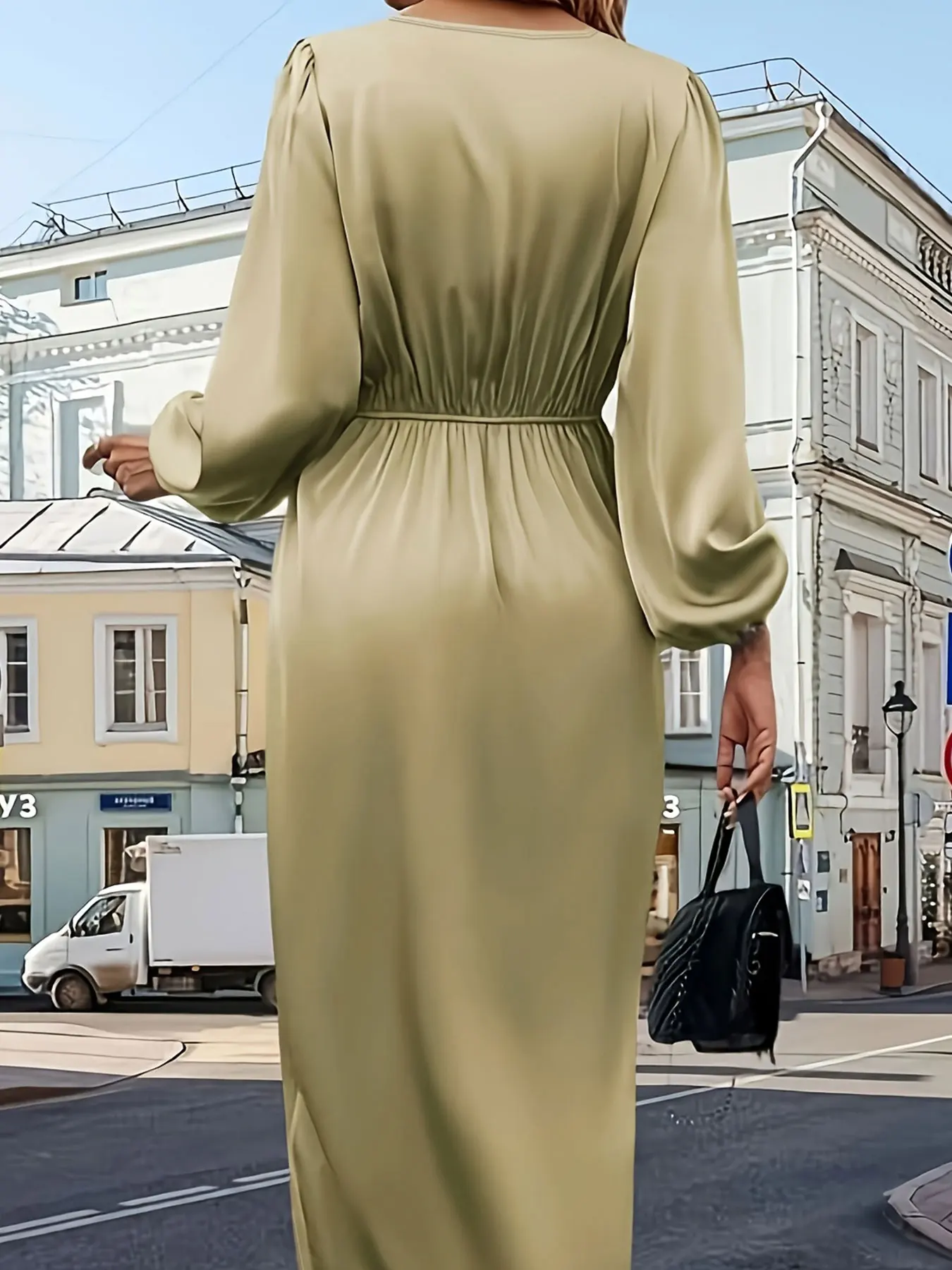 فستان صيفي نسائي كاكي مقاس كبير منسوج من الساتان ب...