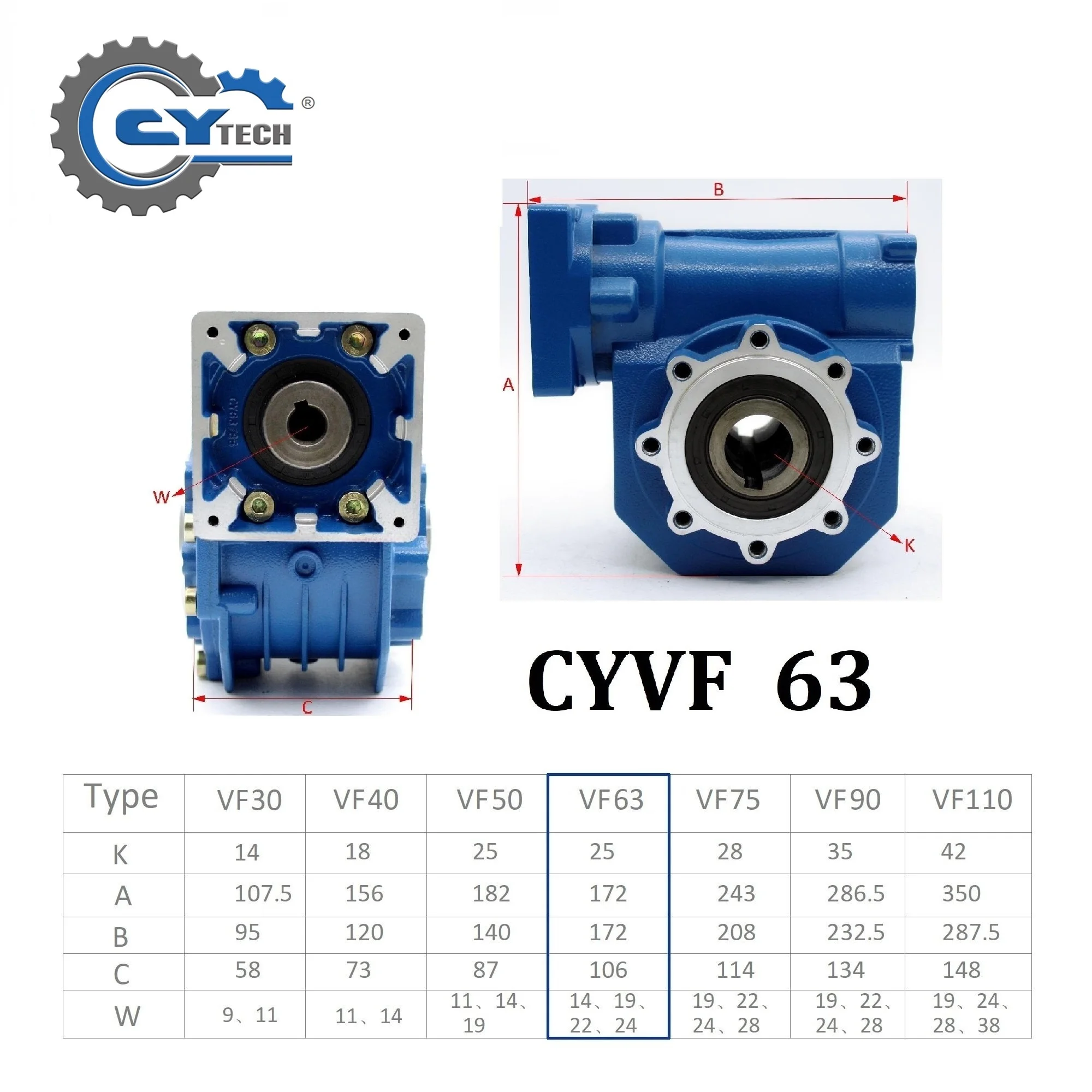 Chenyue 웜 기어박스 CYVF063 입력 14/19/22/24mm 출력 25mm 비율 5:1/100:1 웜 기어 틴 브론즈 +무료 유지보수