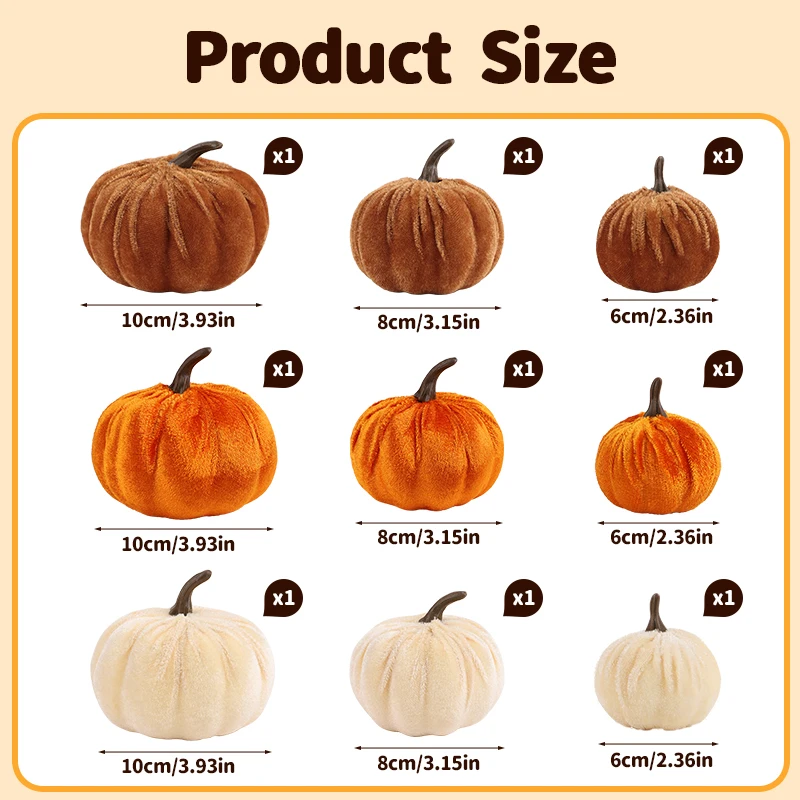 9pcs Velvet Artificial Pumpkins 3 Size Mixed for Halloween Party Thanksgiving Home Table Decoration Autumn Fall DIY Craft Wreath