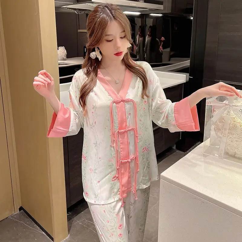 Women Ice Snow Silk Pajamas Spring Autumn Female Long Sleeve Thin Nightclothes Suit High-Grade Buckle Floral Casual Homewear