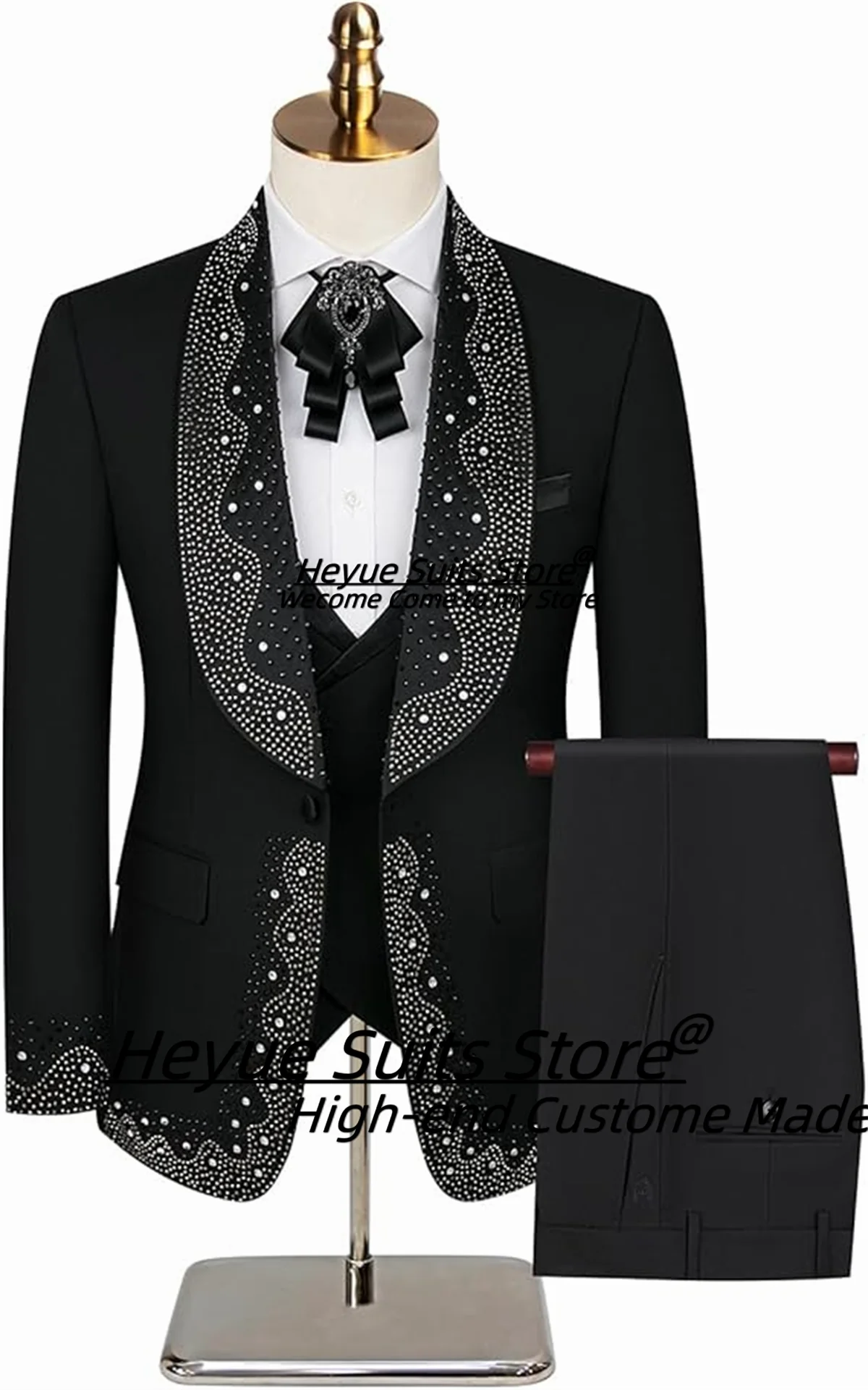 Men Suits New Customiezd Slim Fit Stick Beads Shawl Lapel Groom Wedding Tuxedos 3Pcs Sets Blazers Business