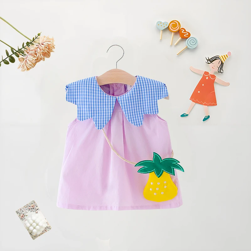 Summer Baby Girl Dress+Bag 2 Pcs Plaid Big Collar Solid Color Dress Cute Loose Cotton Comfortable Sleeveless Dress girls dress baby girl dress