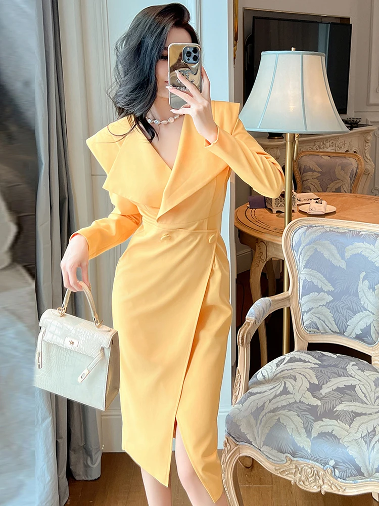 Chic Work Style Business Formal Occasion Dresses For Women Clothing Mujer  Ladies Elegant Office Commute Blazer Slim Slit Dress - AliExpress