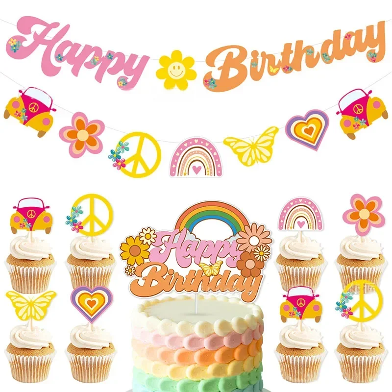 

Hippie Bohemian Theme Birthday Party Decor Rainbow Flower Banner Cupcake Topper Hippie Bohemia 1st Birthday Party Supplies