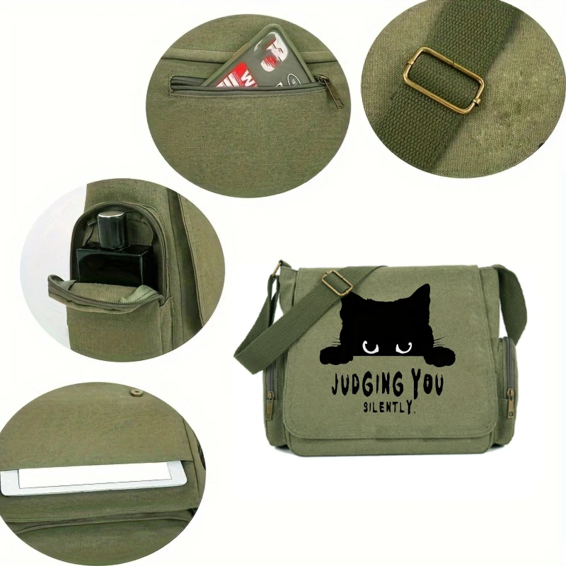 Fashion Women's Canvas Bag Black Cat Print Shoulder Bag Large Capacity Crossbody Bag For Women Shopping Commuting