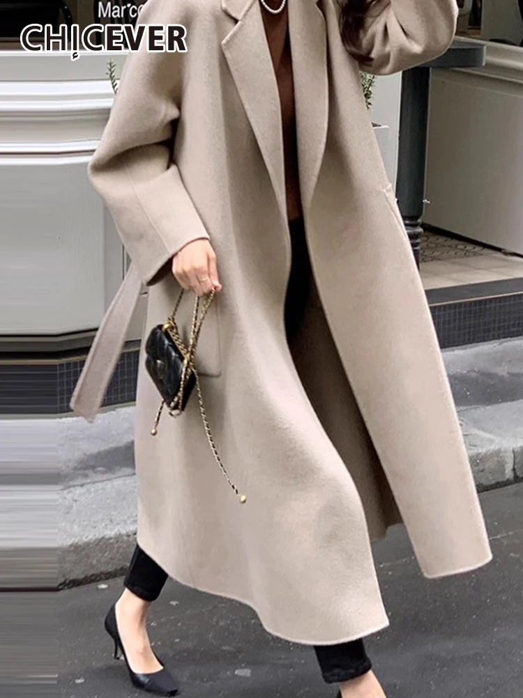 

CHICEVER Autumn Solid Loose Coats For Women Lapel Long Sleeve Patchwork Lace Up Korean Vintage Minimalist Coat Female 2023 New