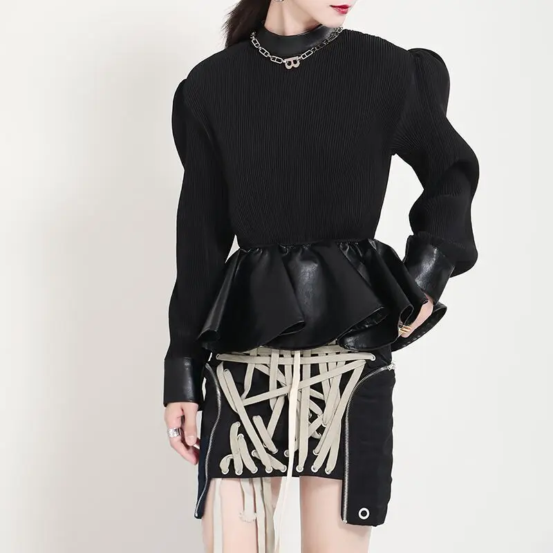 

2023 spring new thin pressure pleated stitching leather ruffled edge gathered waist top Japanese gentle wind hoodie women