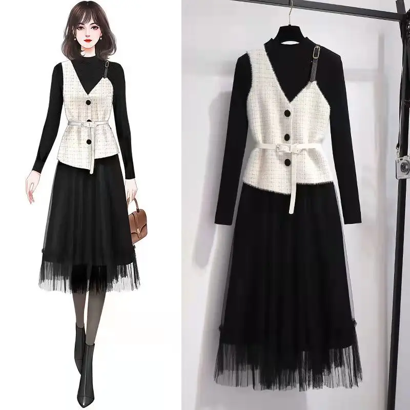 

Women Sets 2 Pieces Outfits Autumn Knitted Sweaters Mesh Dress Mink Cashmere Vest Vintage Suit Popular Elegant Fashion
