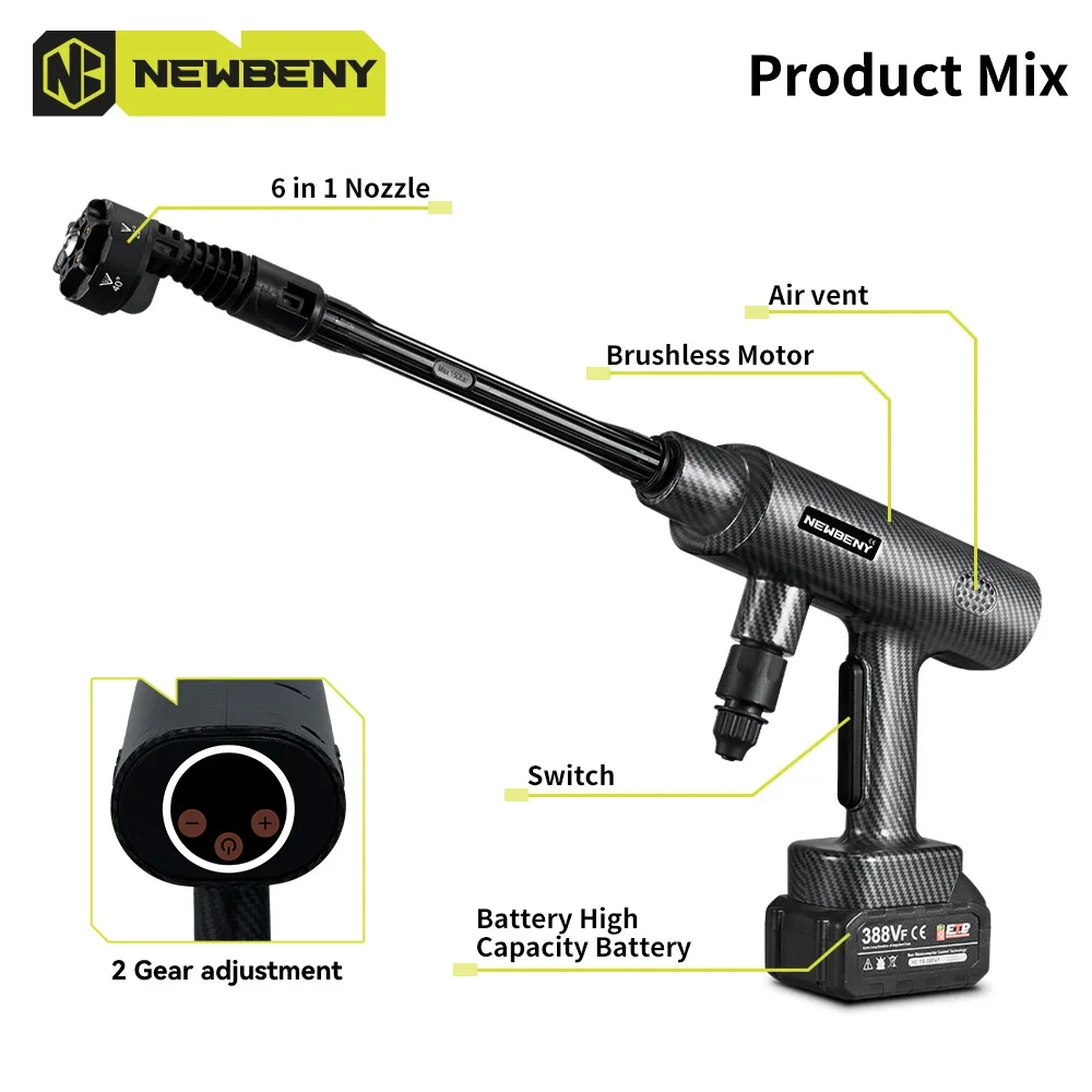 NEWBENY 200Bar 6 IN 1 Brushless High Pressure Car Washer Gun 2 Gears  Garden Cleaning Irrigation Tool For Makita 18V-21V Battery 3