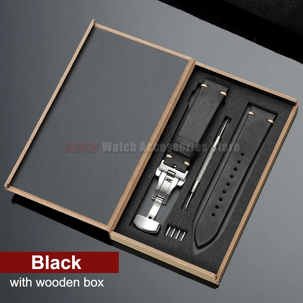 Elegant Genuine Leather Watch Band with Wooden Box & Butterfly Clasp Bracelet