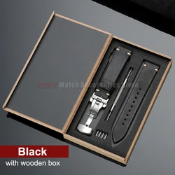 Elegant Genuine Leather Watch Band with Wooden Box & Butterfly Clasp Bracelet - 22mm (Black - Silver)