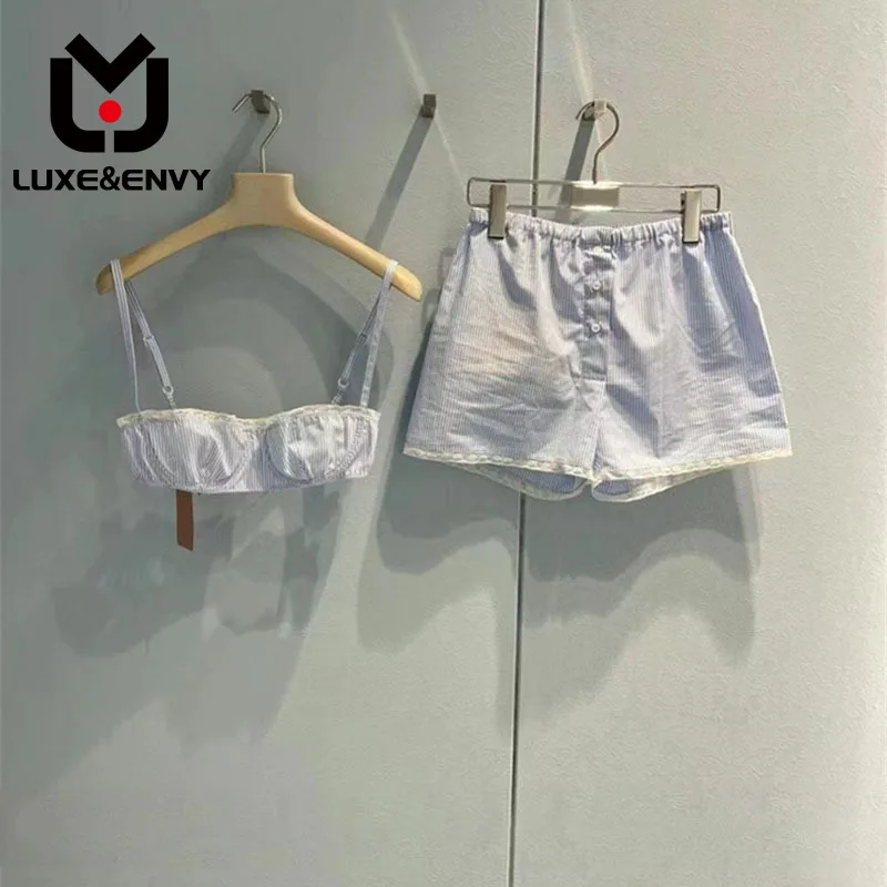

LUXE&ENVY Spring/Summer 2023 New Striped Strap With Bra, Blue Straight Tube Loose Shorts, Fashion Spicy Girl Set, Female