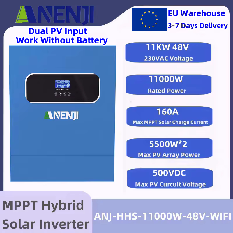 11KW Solar Hybrid Inverter 48V High Power Off/On Grid Inverter 230VAC Dual PV Input Built-in 160A MPPT Solar Charge Controller