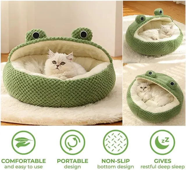 Pet Bed for Small Dogs Cats, Winter Warm Plush Round Puppy Bed Green Cartoon Frog Design Dog Nest Cat Basket 2