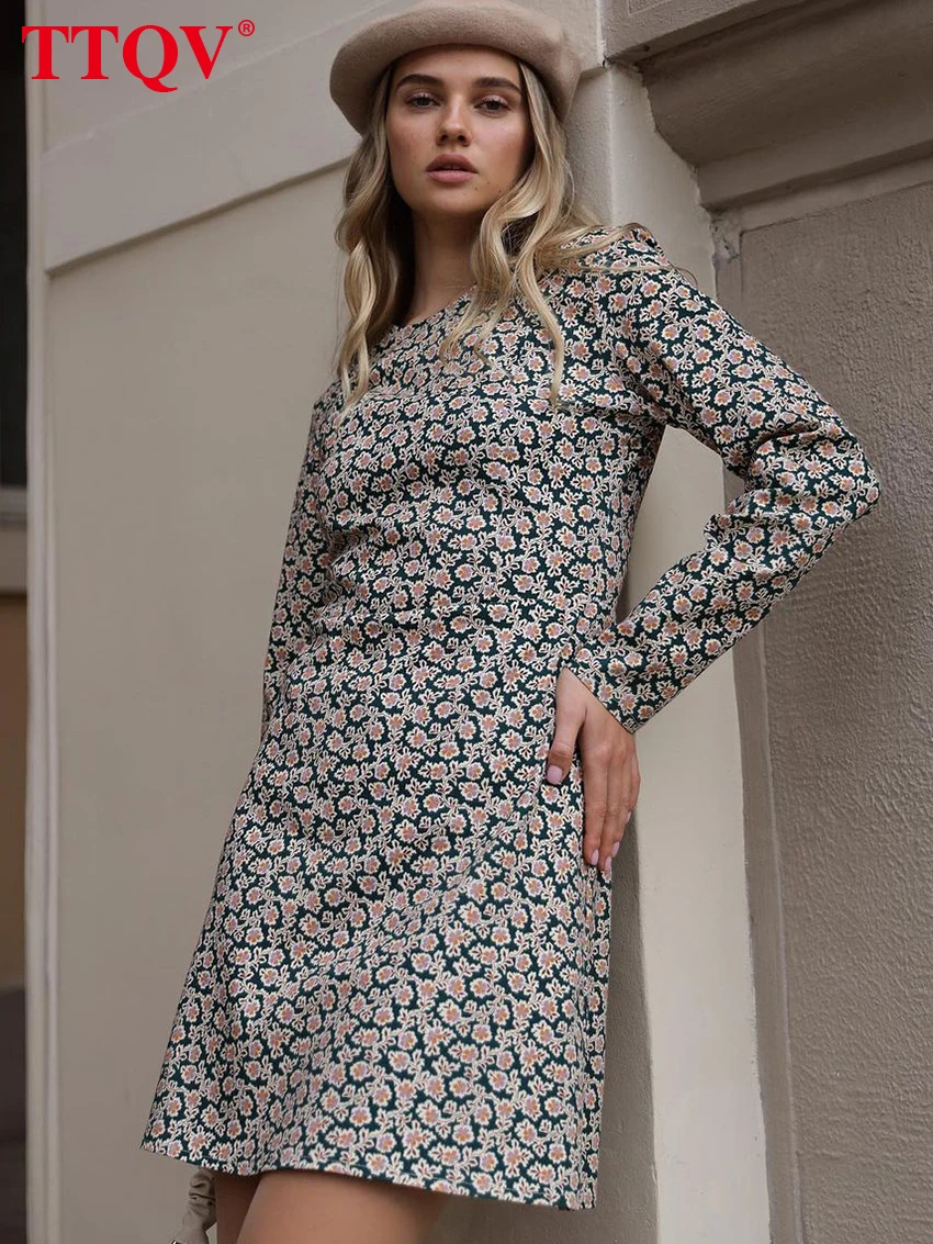 

TTQV Casual Dark Green O-Neck Women'S Dress Elegant Floral Print Dresses Fashion Long Sleeve Straight Mini Dresses Streetwear