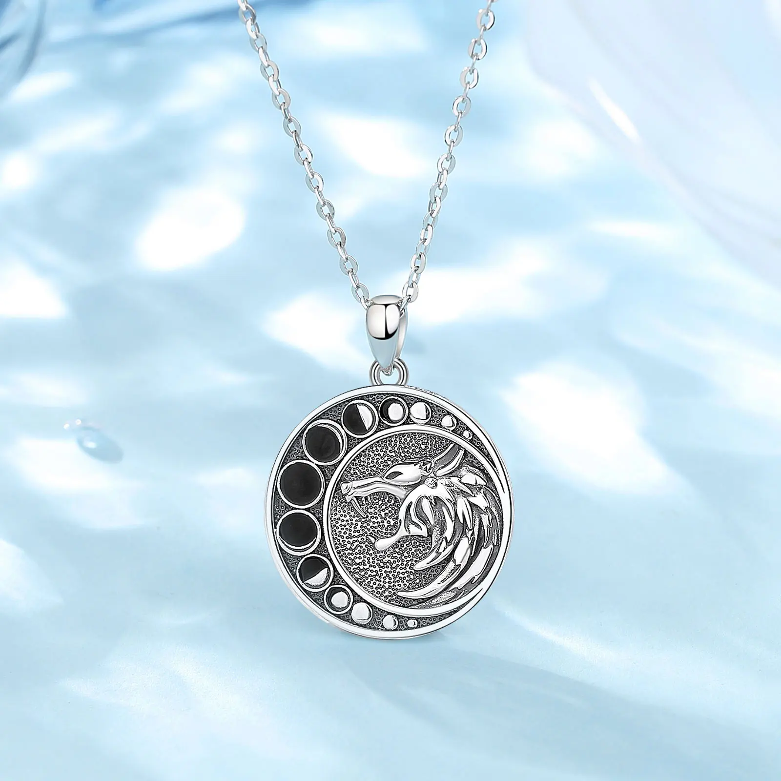 Eudora 925 Sterling Silver Moon Wolf Necklace for Men Women Vintage Moon Phase Amulet Pendant Personality Jewelry Party Gift