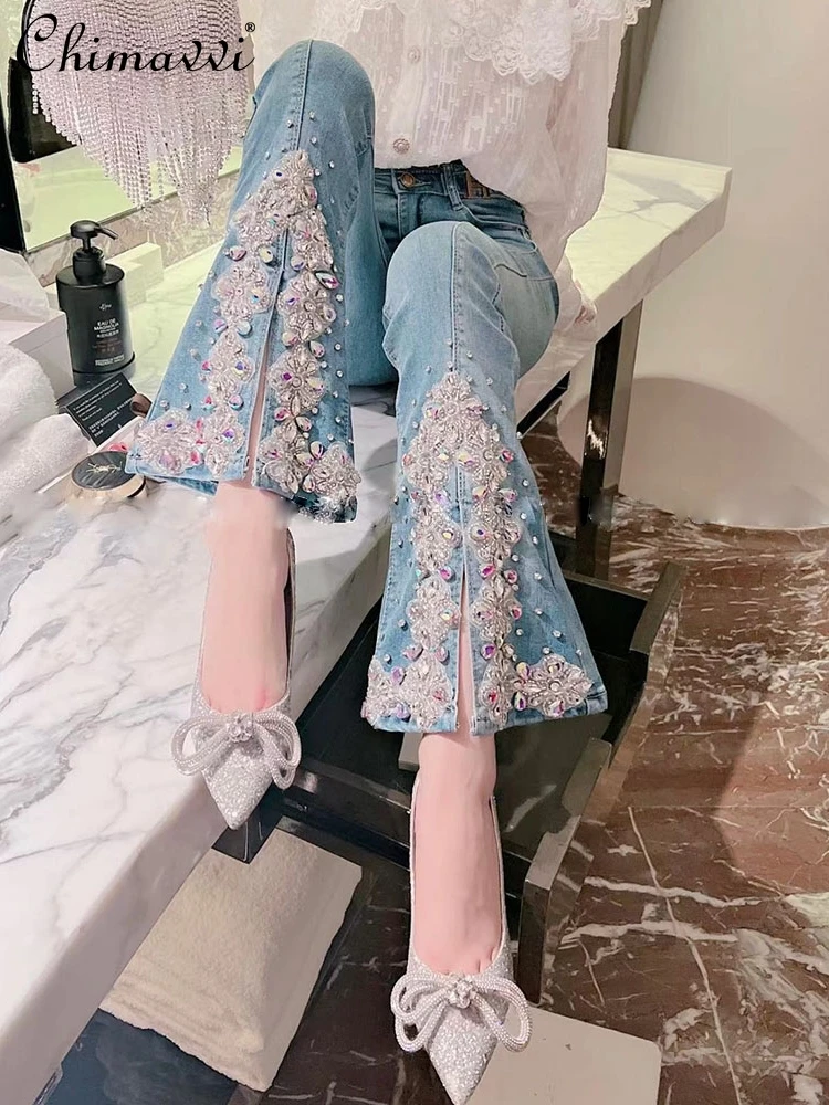 

Fashion Jeans for Women 2024 Spring New Korean Sweet Heavy Luxury Colorful Crystals Slit Hem High Waist Slimming Bootcut Pants