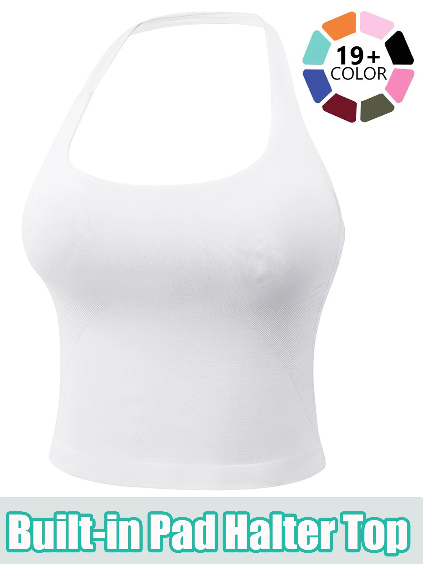 Women's Halter Tank Top, Longline Backless Scoop Neck Built-in Bra Sports Workout Gym Crop Top; With Built-in Removable Pad