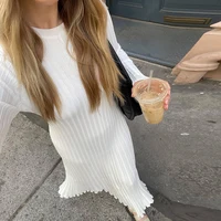 90s Vintage Tie Waist Dress Women Elegant Ribbed  Full Sleeve Maxi Dress Crew Neck Bodycon Pencil Long Dress Streetwear 2024 2