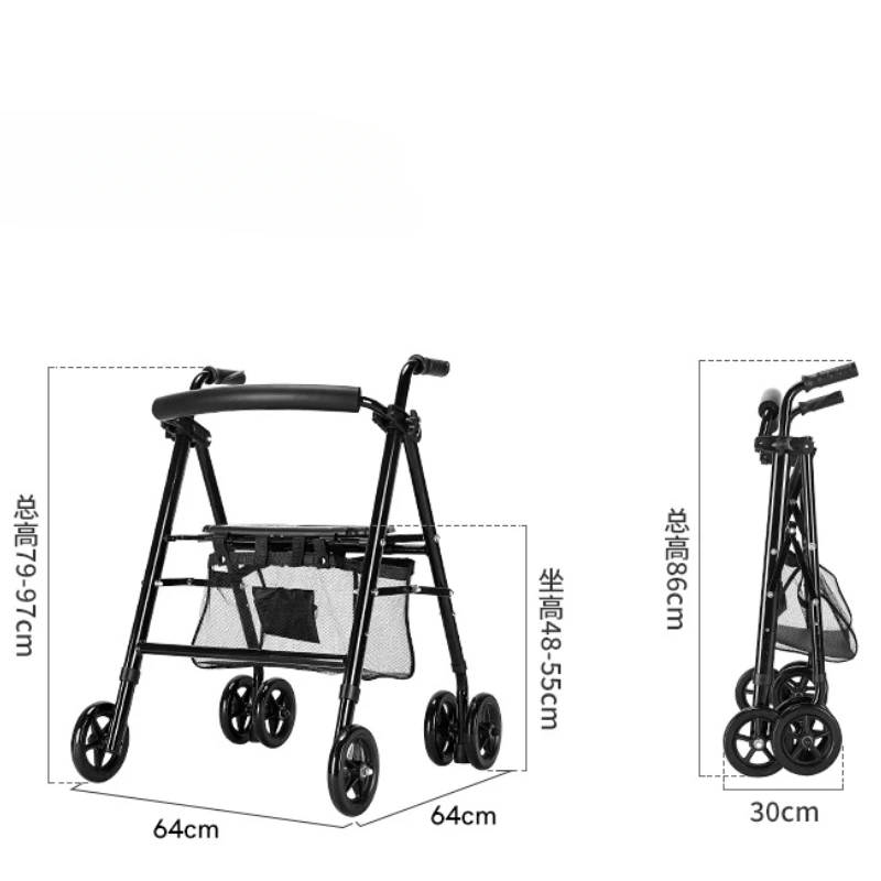 Foldable Walkesr with Seat & Adjustable Height-Mobility Aids Push Cart for Elderly,Portable Assistive Walking Support Rollator