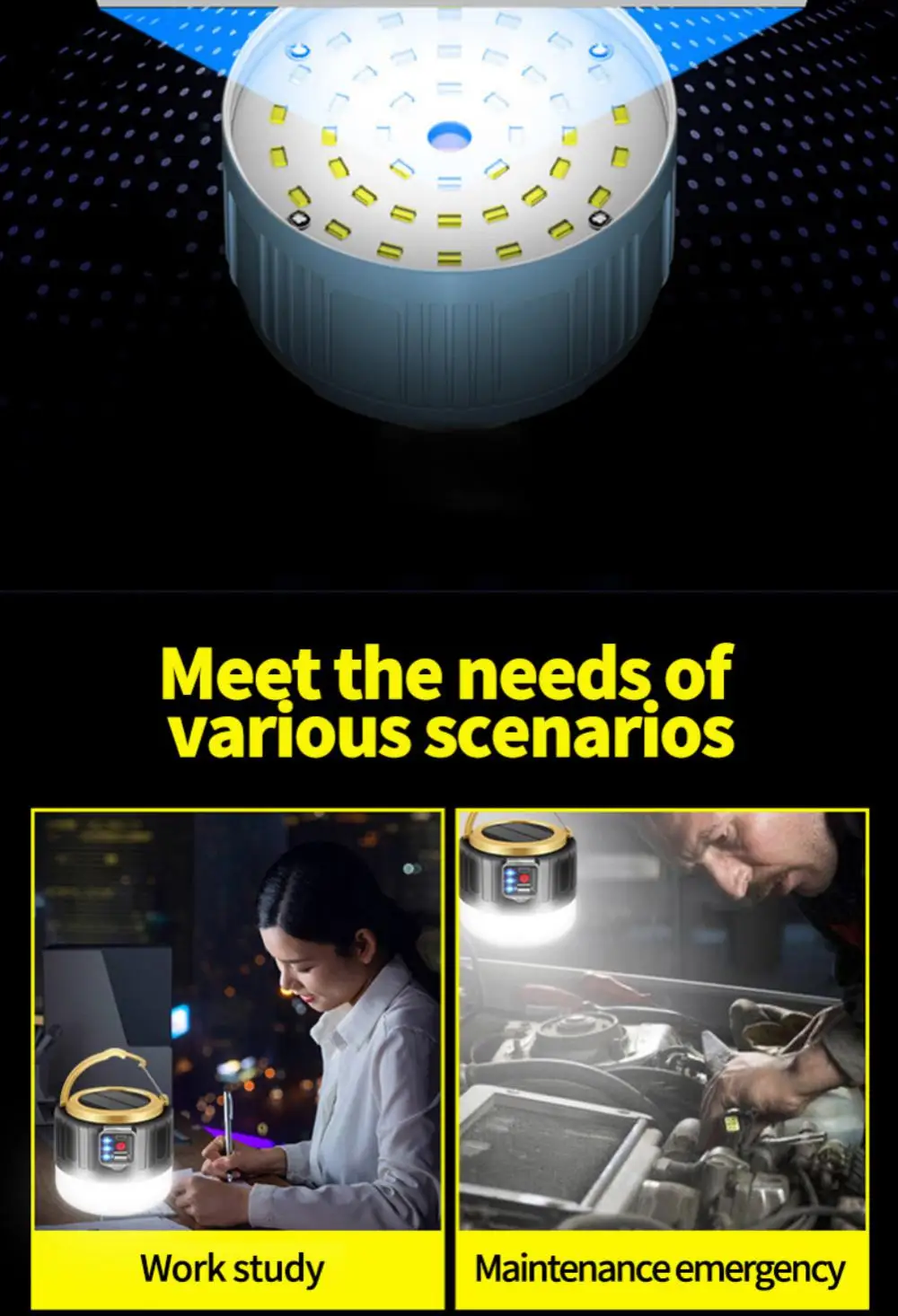 Description Picture 6 of itemPowerful Solar LED Camping Lamp Waterproof Portable Lanterns Emergency Lights For BBQ Hiking USB Rechargeable Tent Lanterns