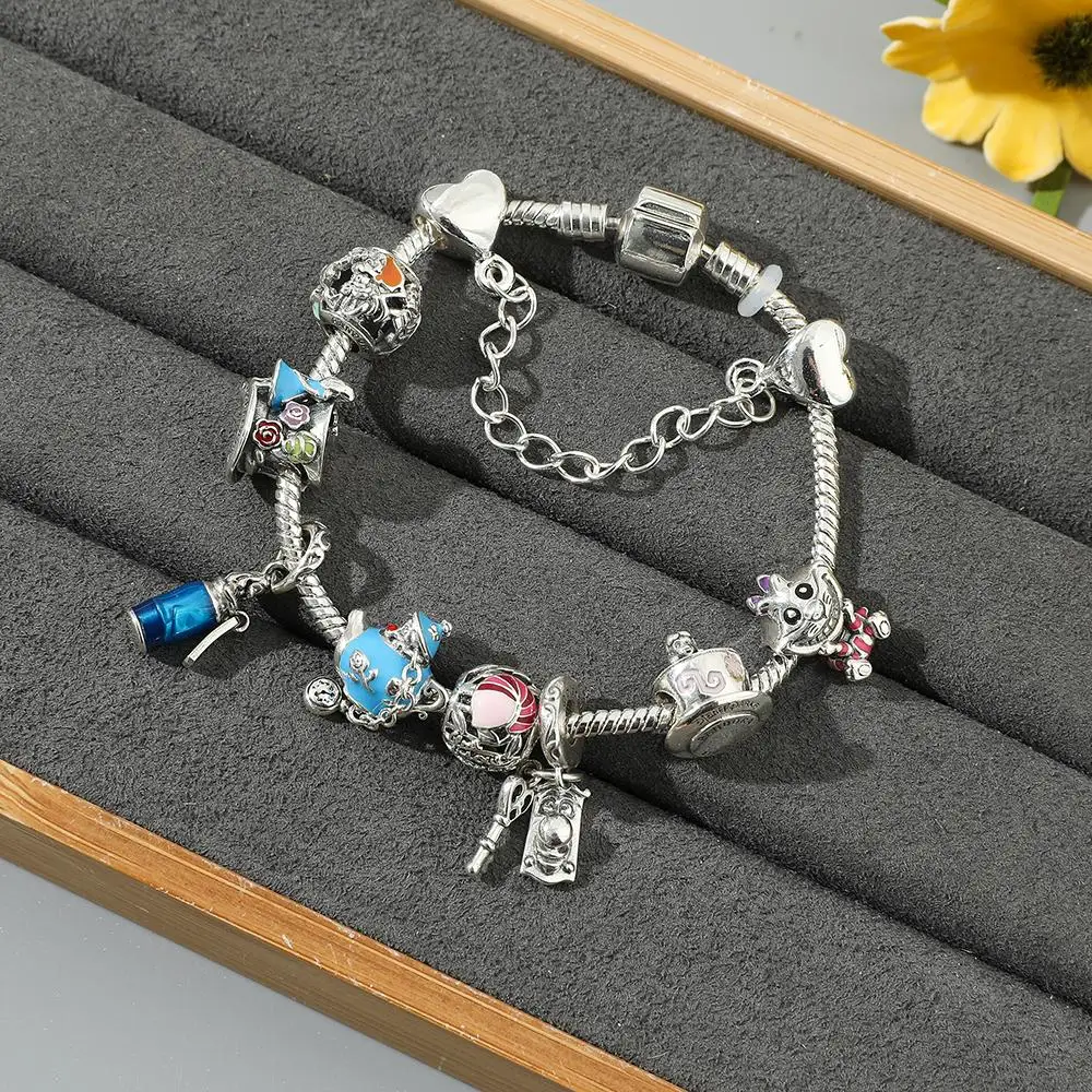 Disney Luxury Bracelet Charms Bangle Alice in Wonderland Pulseiras Feminina  Silver Plated Family Fashion Bracelet for Women