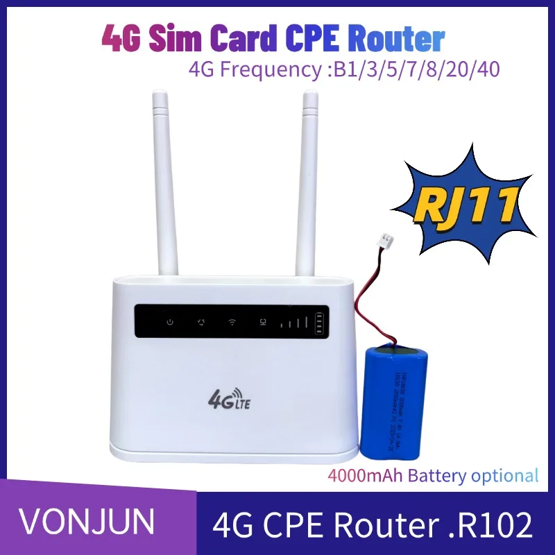 

4G CPE ROUTER Ethernet+RJ11 Voice+4400mAh Battery SIM Card WiFi Hotspot Wireless Router R102
