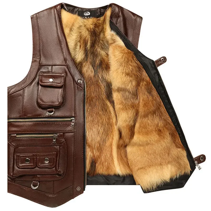 2024 Women Autumn Winter New Genuine Leather Vest Men Pocket Middle-aged Waistcoat Male Thick Fleece Sleeveless Coats D351 2