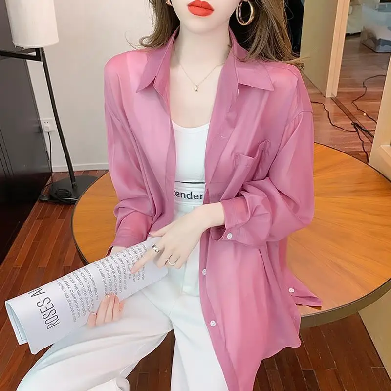 

Женская шифоновая блузка на пуговицах, однотонная офисная блузка с длинным рукавом, Солнцезащитная рубашка в Корейском стиле, одежда для лета