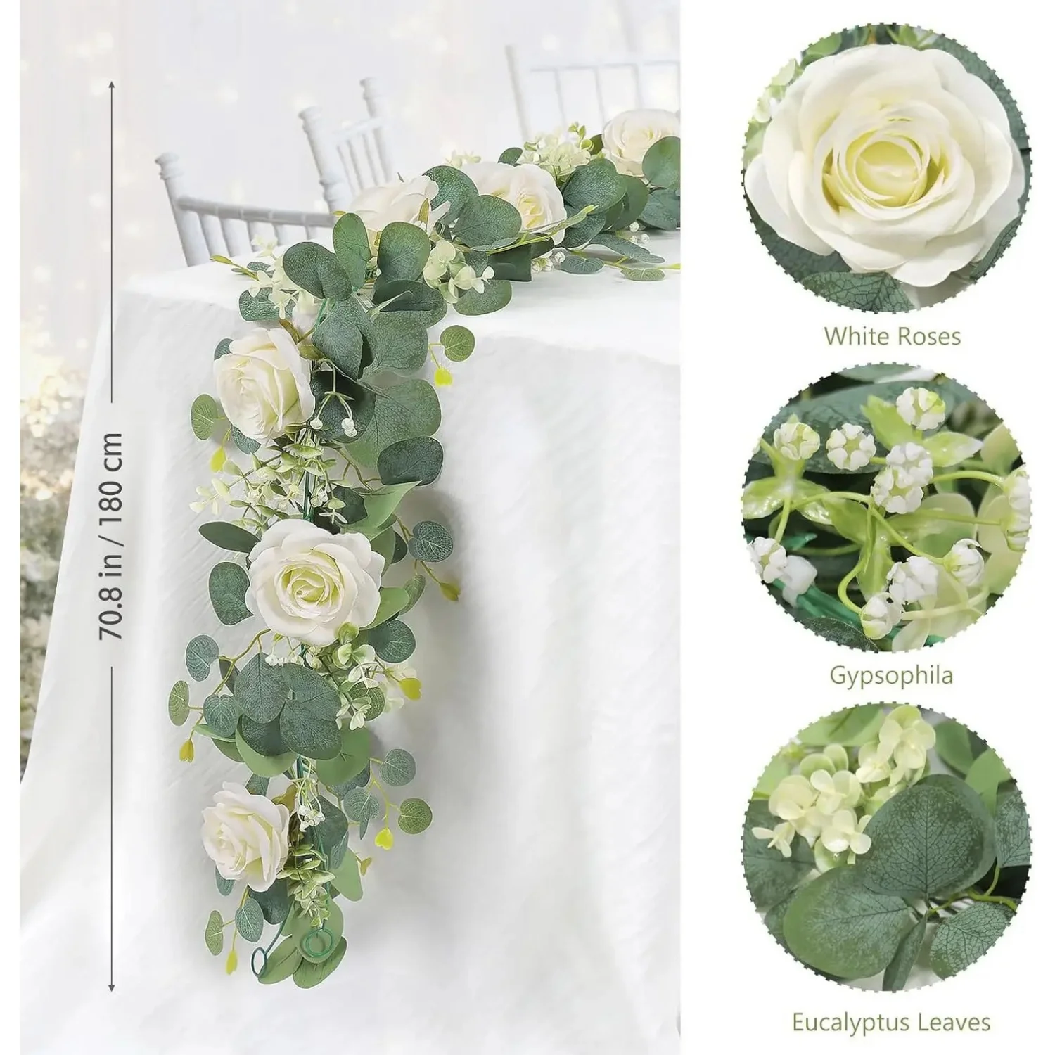 Künstliche Eukalyptus-Girlande mit Rosenblüten 180cm Künstliche Grüne Ranken für Hochzeitsbogen Tischläufer Heim Festival Wanddekoration – Detail 1
