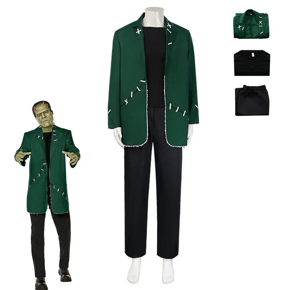 Halloween Frankenstein Cosplay Monster Costume Mens Roleplay Outfit Mad Scientist Green Suit Movie Party Scary