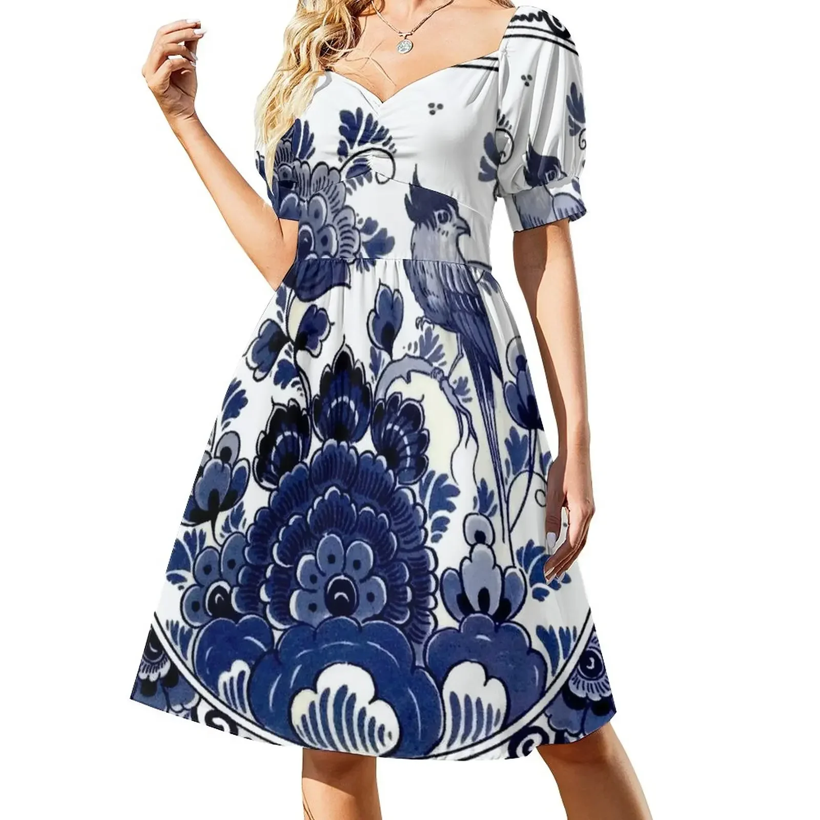 thumbnail image 1 of DUTCH BLUE DELFT: Vestido de noche de manga corta con estampado de pájaros y flores azules Vintage vestido de mujer ropa estética, 1 of 7