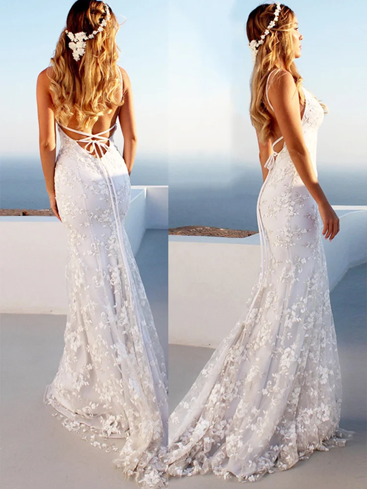 

Sexy Evening Party Dress Women Deep V Neck Wedding Dance Long Dress Backless Sleeveless Embroidery White Dresses Vacation Wear