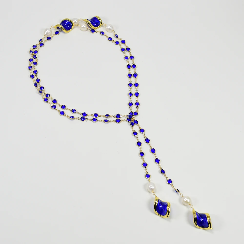 Collier Pendentif Verre Façon Murano - Forme Allongée, Blanc/bleu/vert/doré, Mi-long, Acier Inoxydable