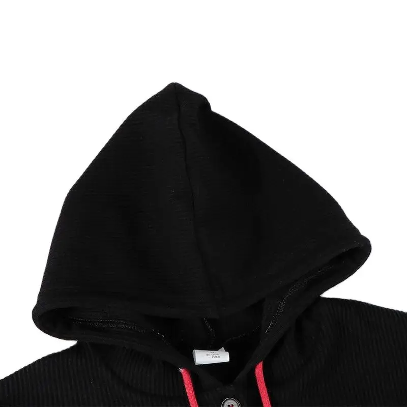 Kids t-shirt short sleeve black ribbed with hood front buttons baby boy girl clothes summer clothing red stitching pocket/string children t shirt